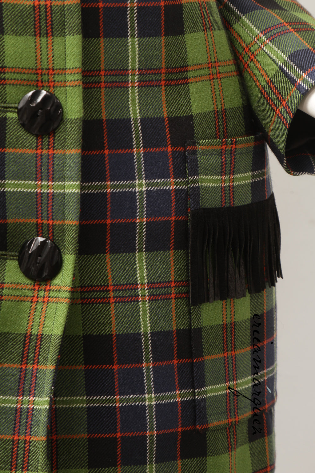 Yves Saint Laurent Green Navy Plaid Ensemble with Fringe Pockets