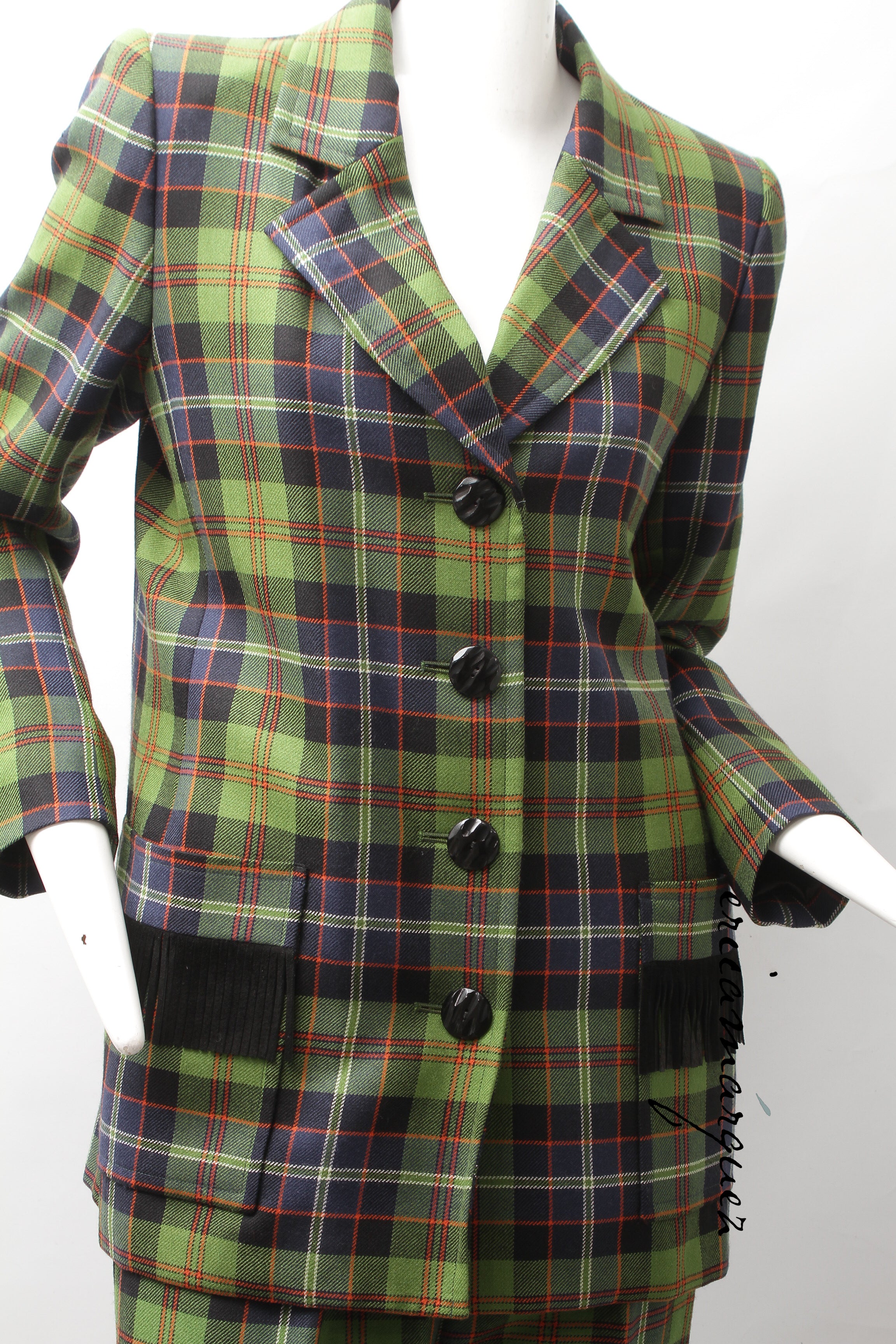 Yves Saint Laurent Green Navy Plaid Ensemble with Fringe Pockets