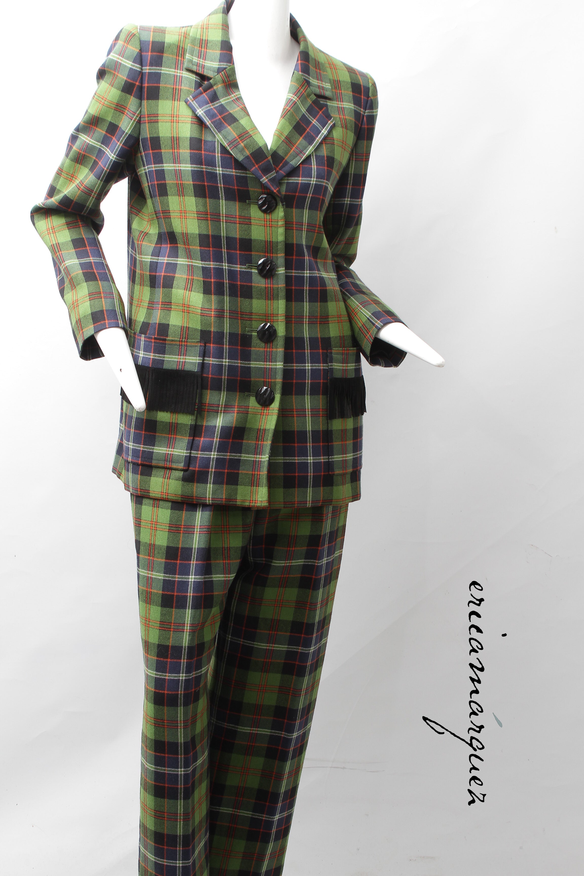 Yves Saint Laurent Green Navy Plaid Ensemble with Fringe Pockets