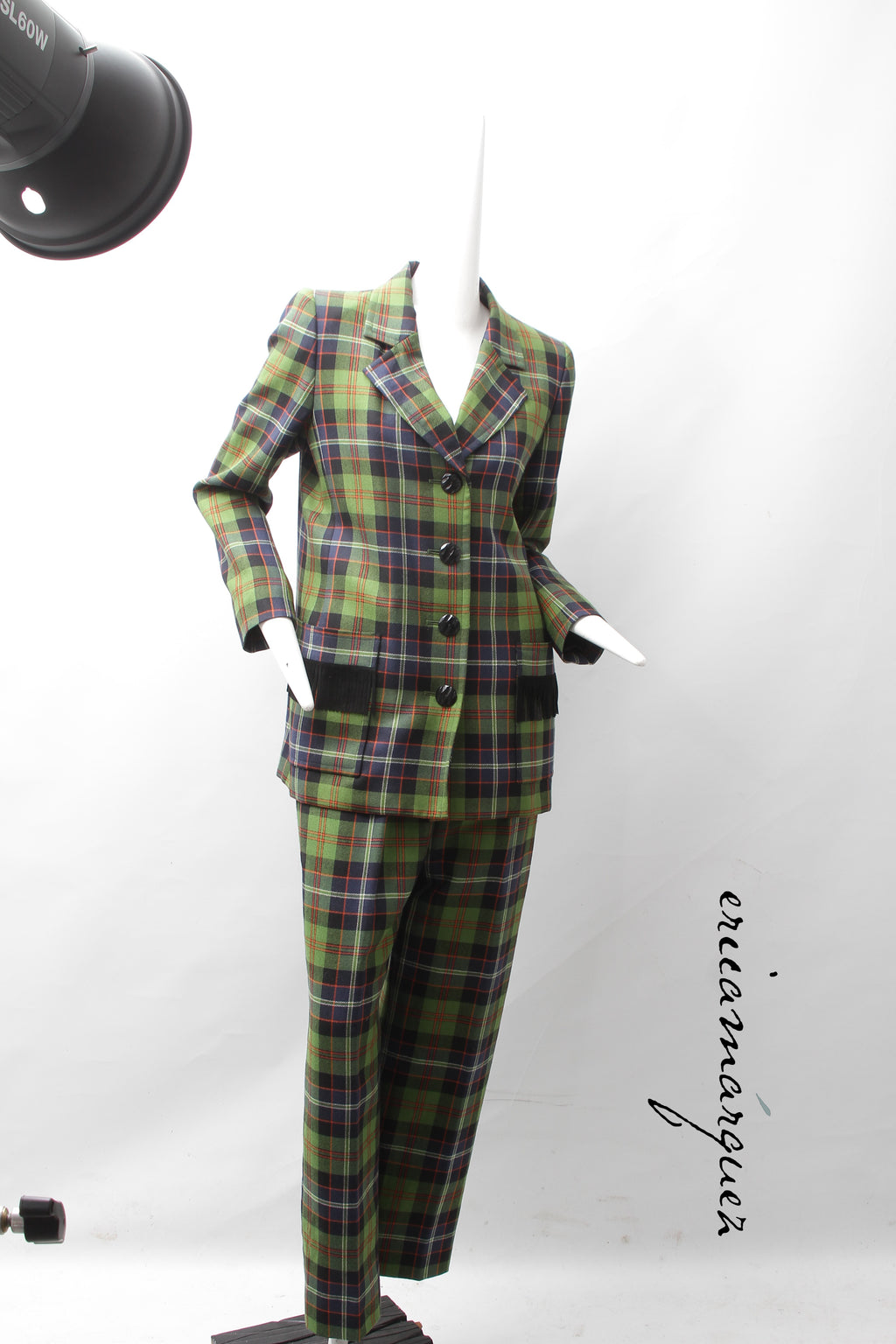 Yves Saint Laurent Green Navy Plaid Ensemble with Fringe Pockets