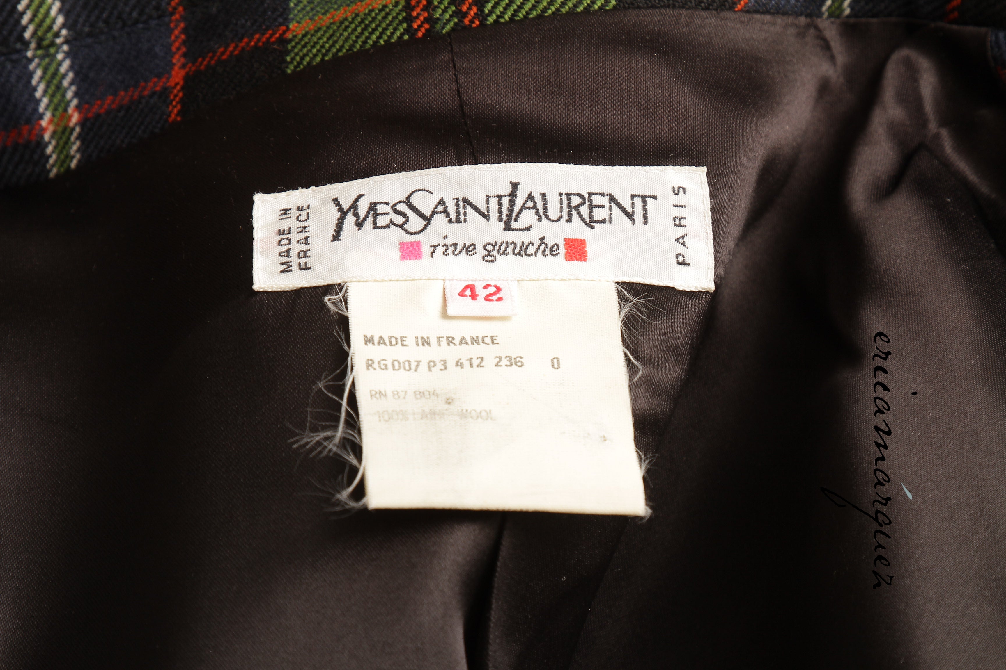 Yves Saint Laurent Green Navy Plaid Ensemble with Fringe Pockets