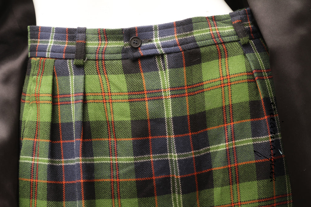 Yves Saint Laurent Green Navy Plaid Ensemble with Fringe Pockets
