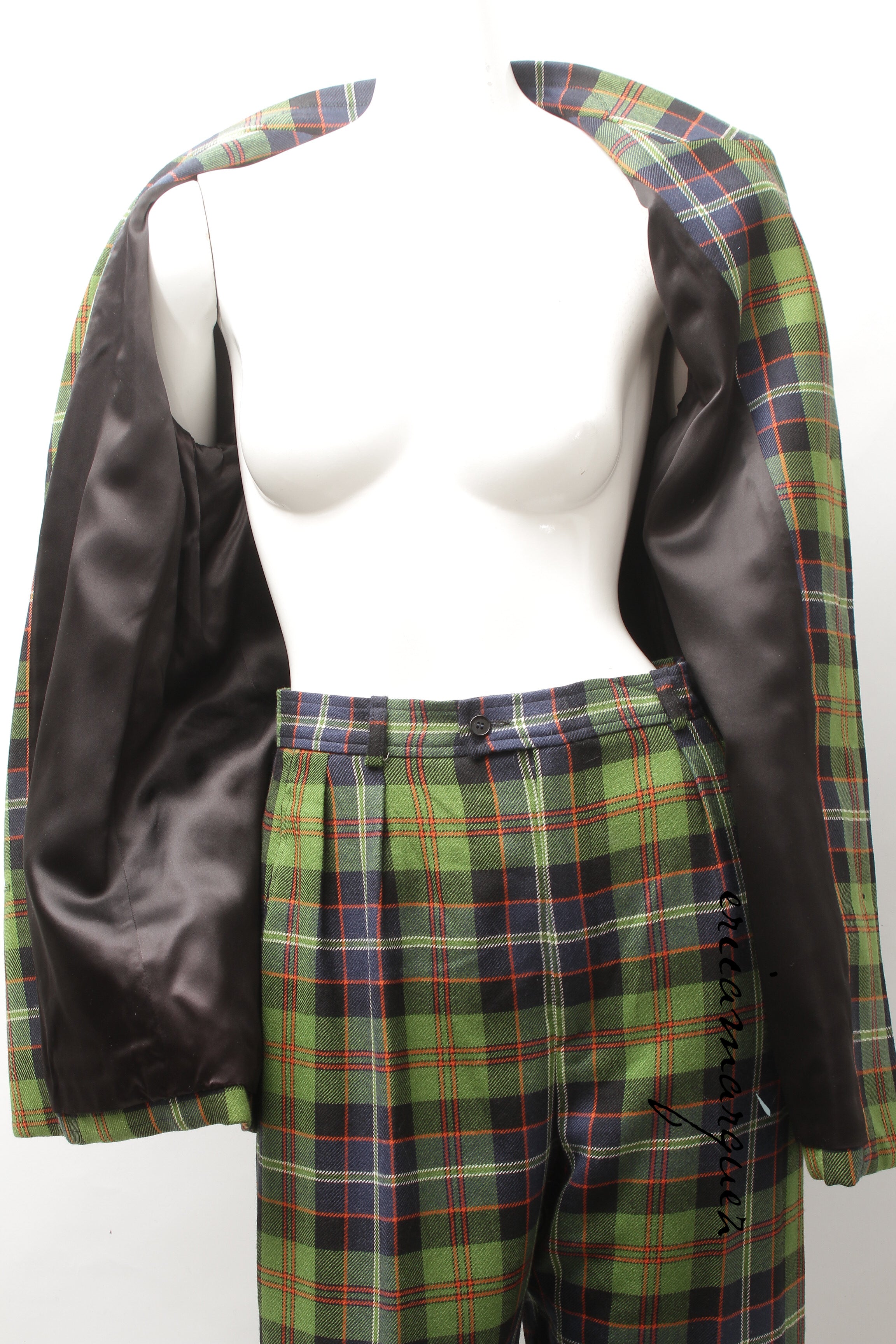 Yves Saint Laurent Green Navy Plaid Ensemble with Fringe Pockets