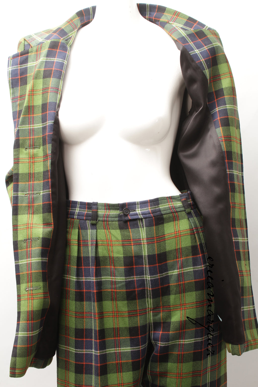 Yves Saint Laurent Green Navy Plaid Ensemble with Fringe Pockets