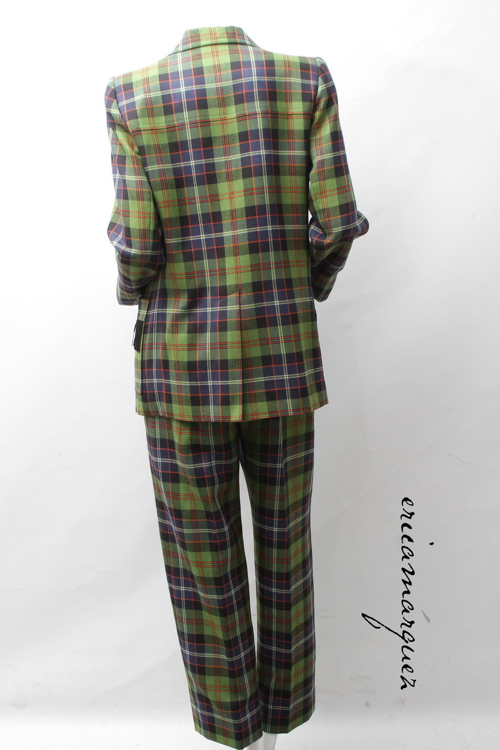 Yves Saint Laurent Green Navy Plaid Ensemble with Fringe Pockets