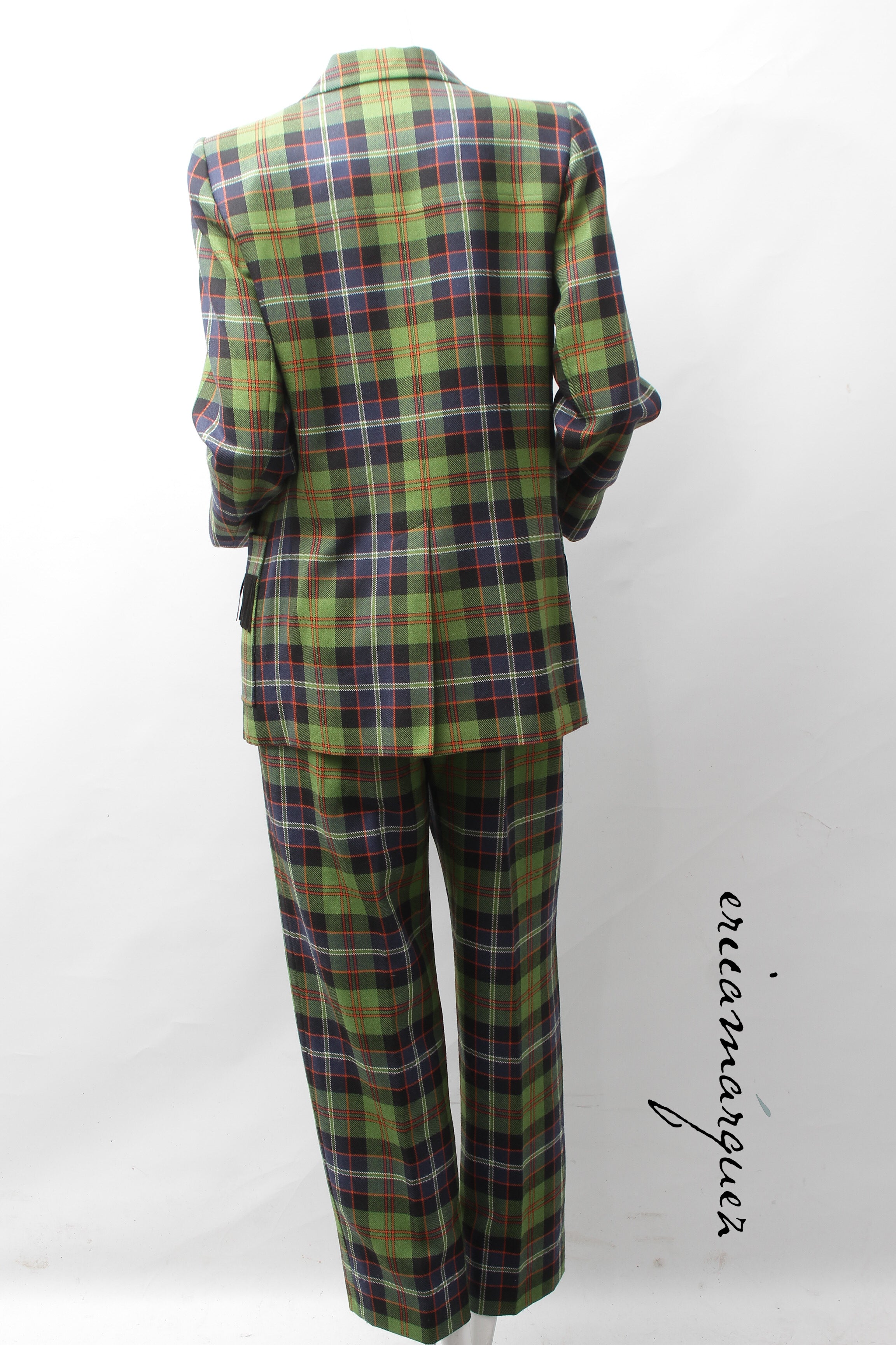 Yves Saint Laurent Green Navy Plaid Ensemble with Fringe Pockets