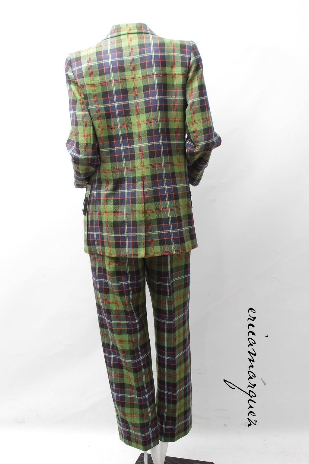 Yves Saint Laurent Green Navy Plaid Ensemble with Fringe Pockets