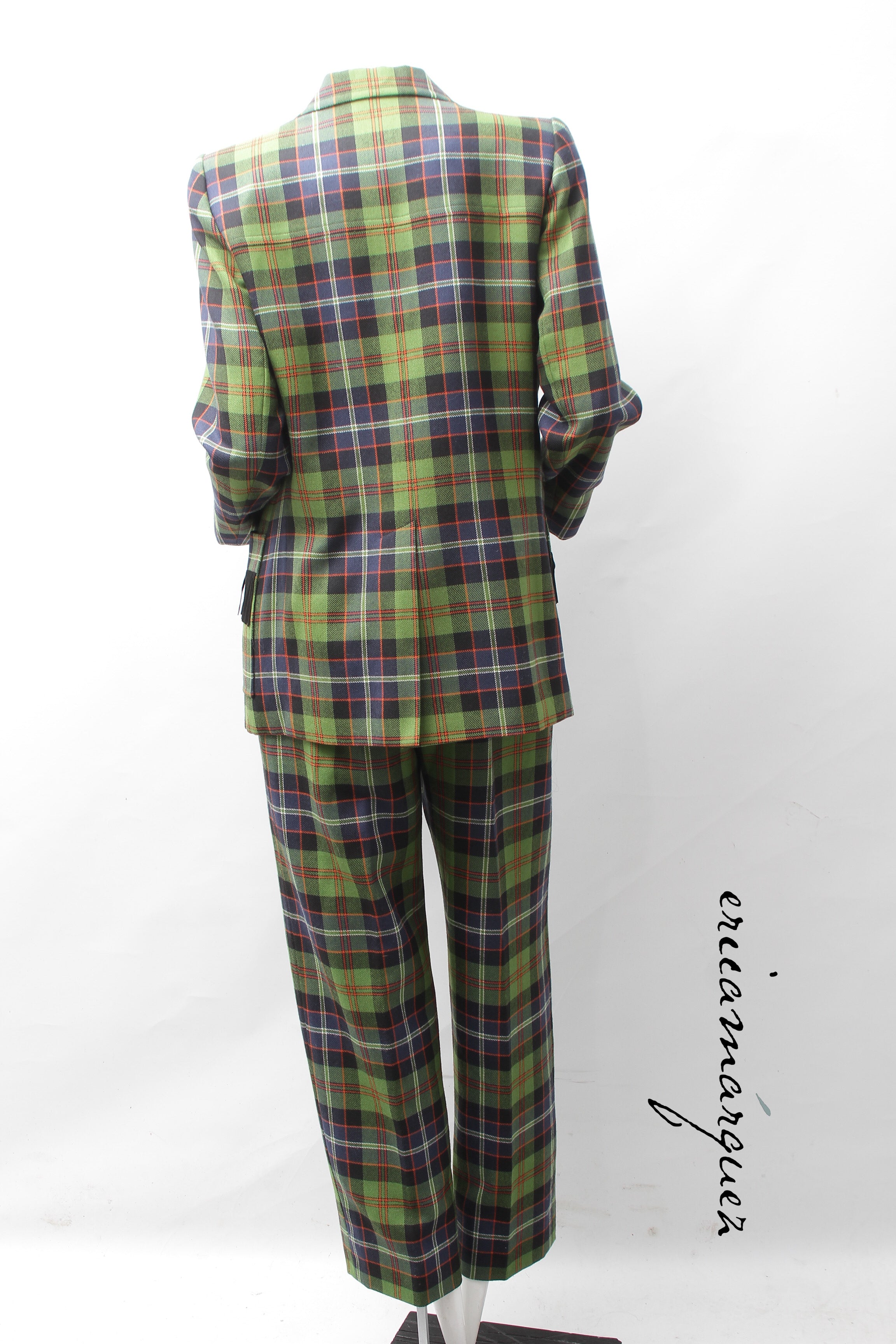 Yves Saint Laurent Green Navy Plaid Ensemble with Fringe Pockets