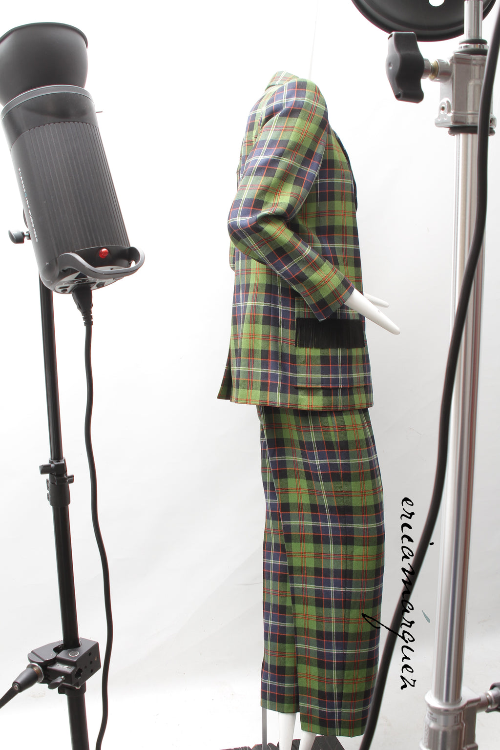 Yves Saint Laurent Green Navy Plaid Ensemble with Fringe Pockets