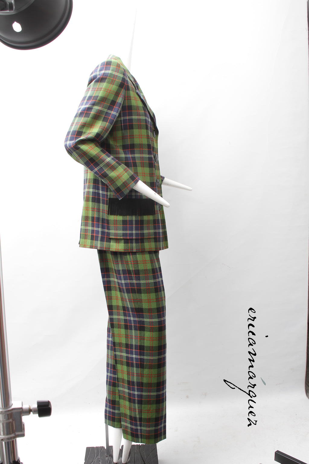 Yves Saint Laurent Green Navy Plaid Ensemble with Fringe Pockets