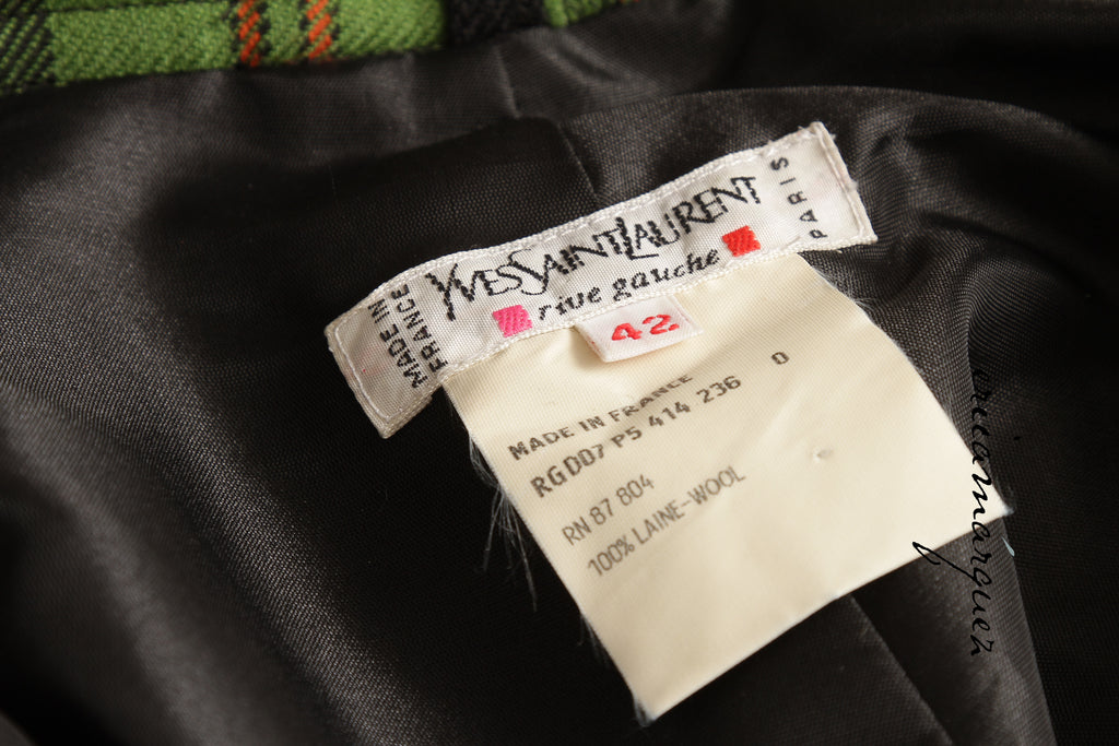 Yves Saint Laurent Green Navy Plaid Ensemble with Fringe Pockets