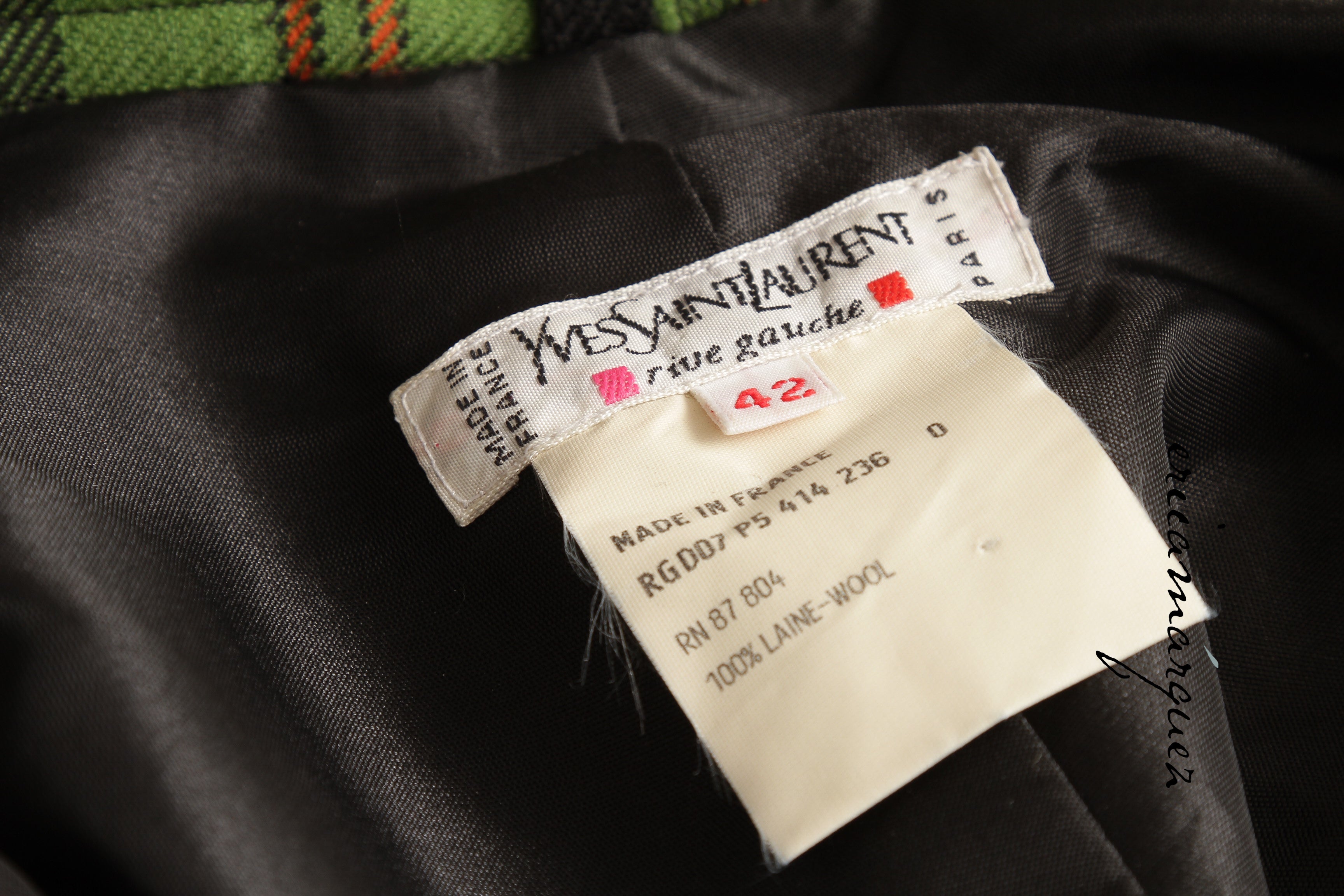 Yves Saint Laurent Green Navy Plaid Ensemble with Fringe Pockets