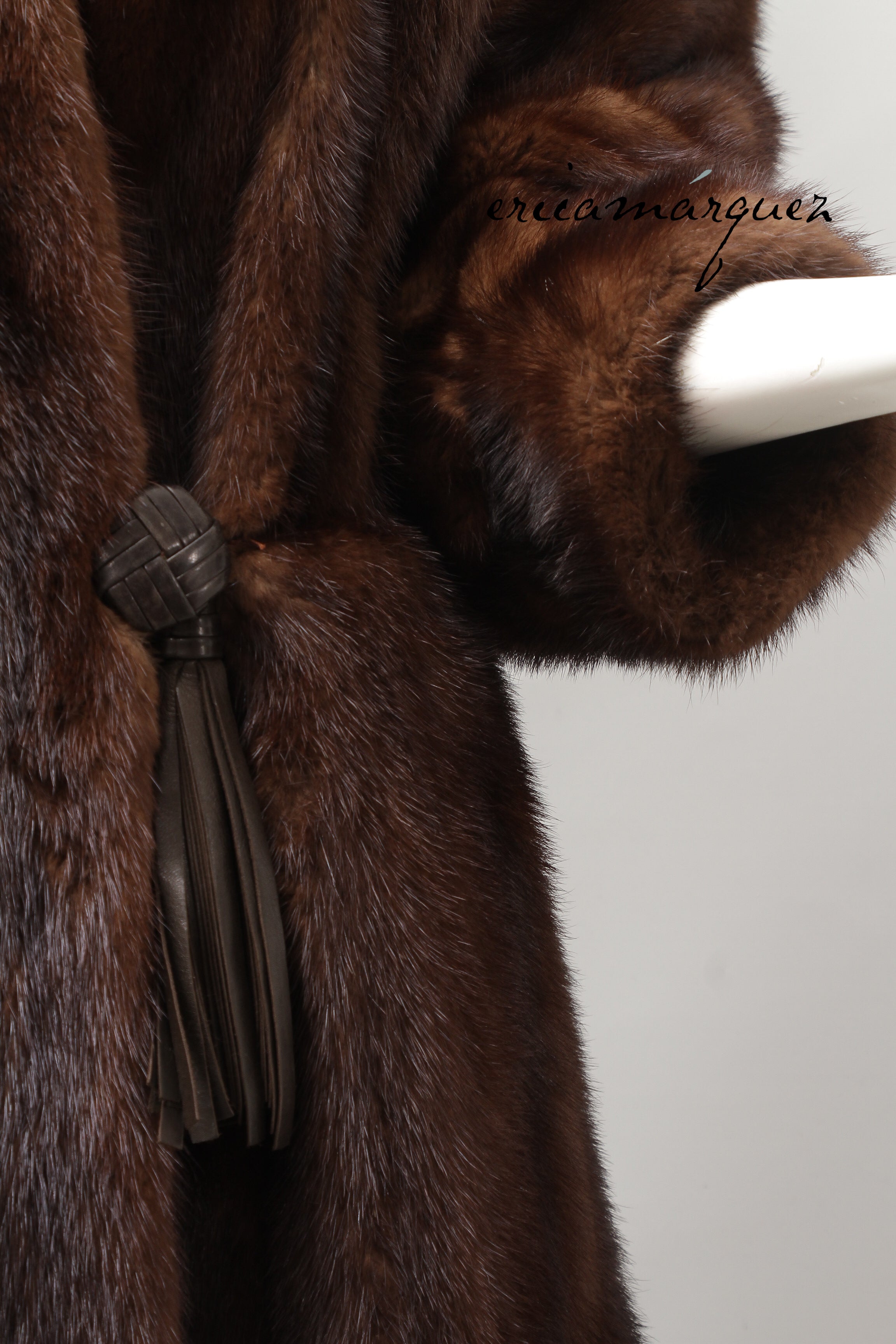 Yves Saint Laurent, Mink Coat with Leather Single Closure with Fringe