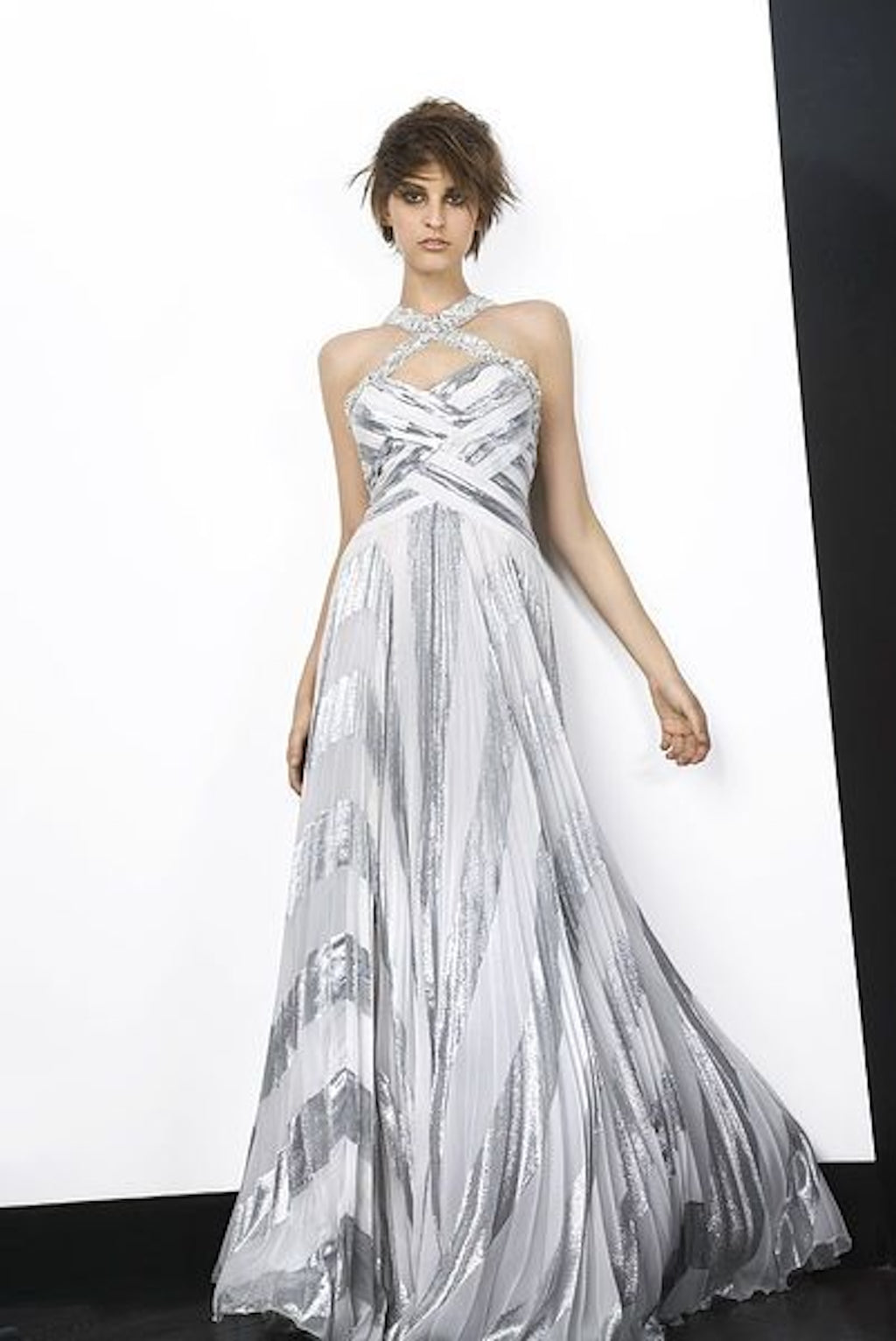 ZUHAIR MURAD, Silver and White Silk Floor Length Evening Gown with Braided Bodice and Neck Cross-Straps