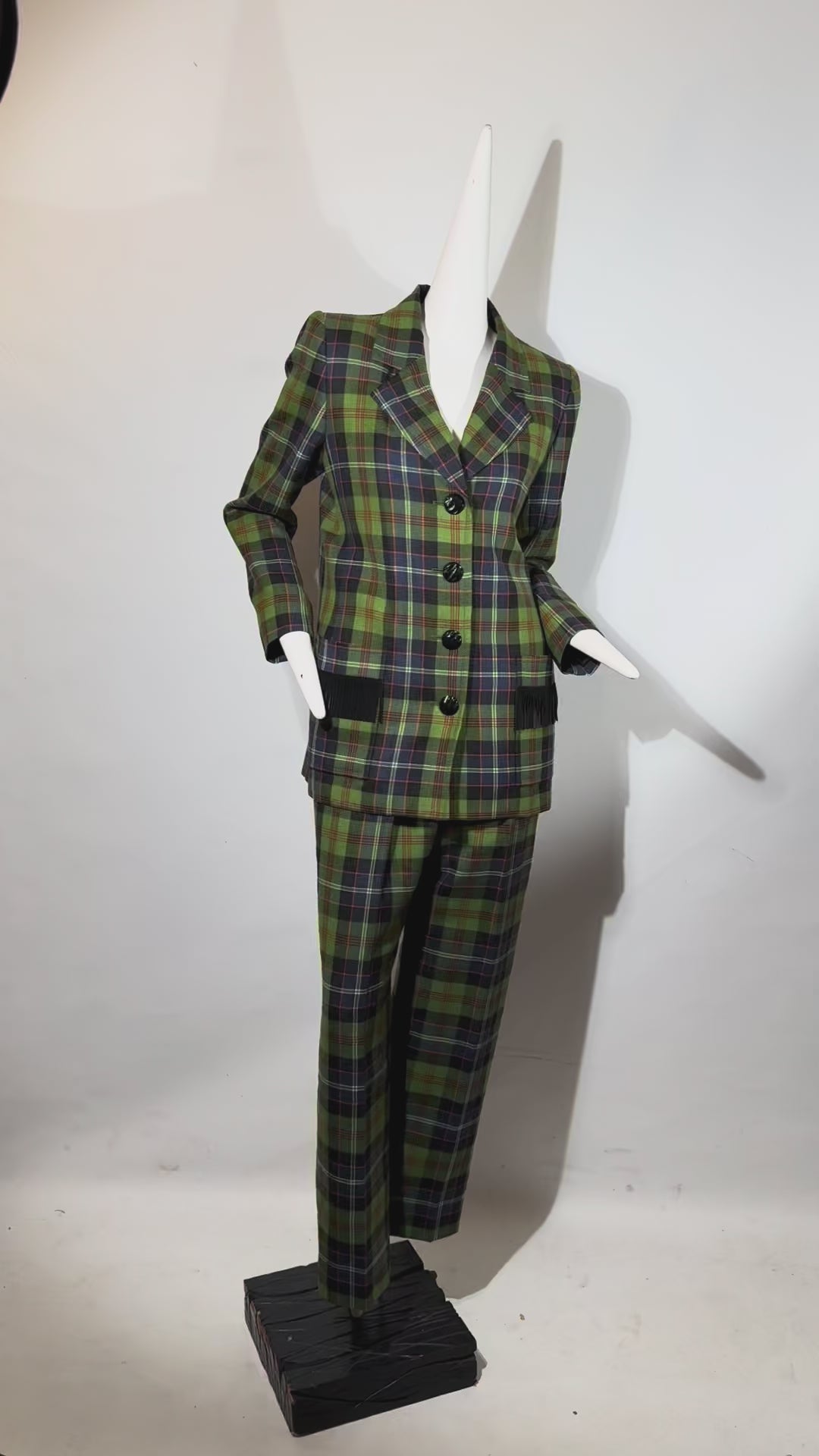 Yves Saint Laurent Green Navy Plaid Ensemble with Fringe Pockets